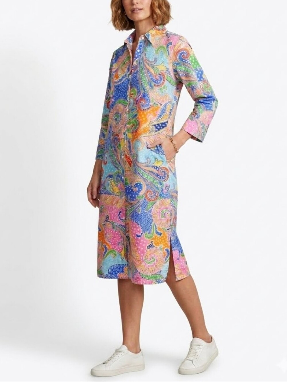 Foxcroft Rocca Multicolor Paisley 3/4th Sleeve Button Shirt Dress Preppy Resort